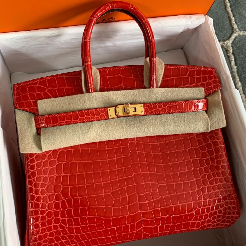 Hermes Geranium Red Crocodile Gold Birkin 25 Handbag